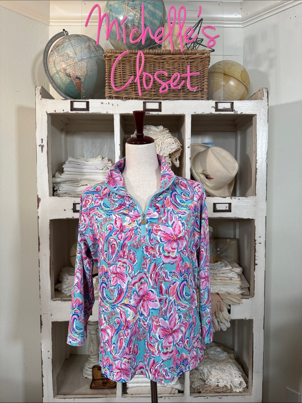 Stella Parker Sport Vibrant Floral Quarter-Zip Pullover in Aqua & Pink